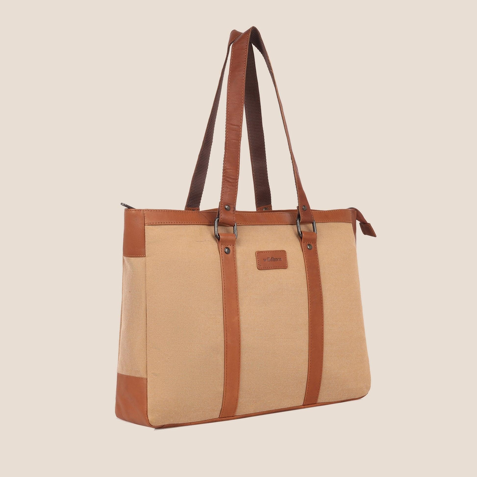 CAROLINA Solid Canvas Laptop Tote Bag for Women I 15.6 inch Canvas Shoulder Bag - WILDHORN