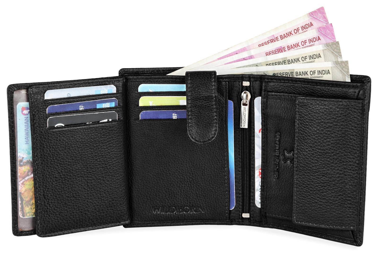 WILDHORN Top Grain Portrait Leather Wallet for Men | Ultra Strong Stitching | Handcrafted | RFID Blocking | 2 ID Slots | 11 Card Slots | Zip Compartment - WILDHORN