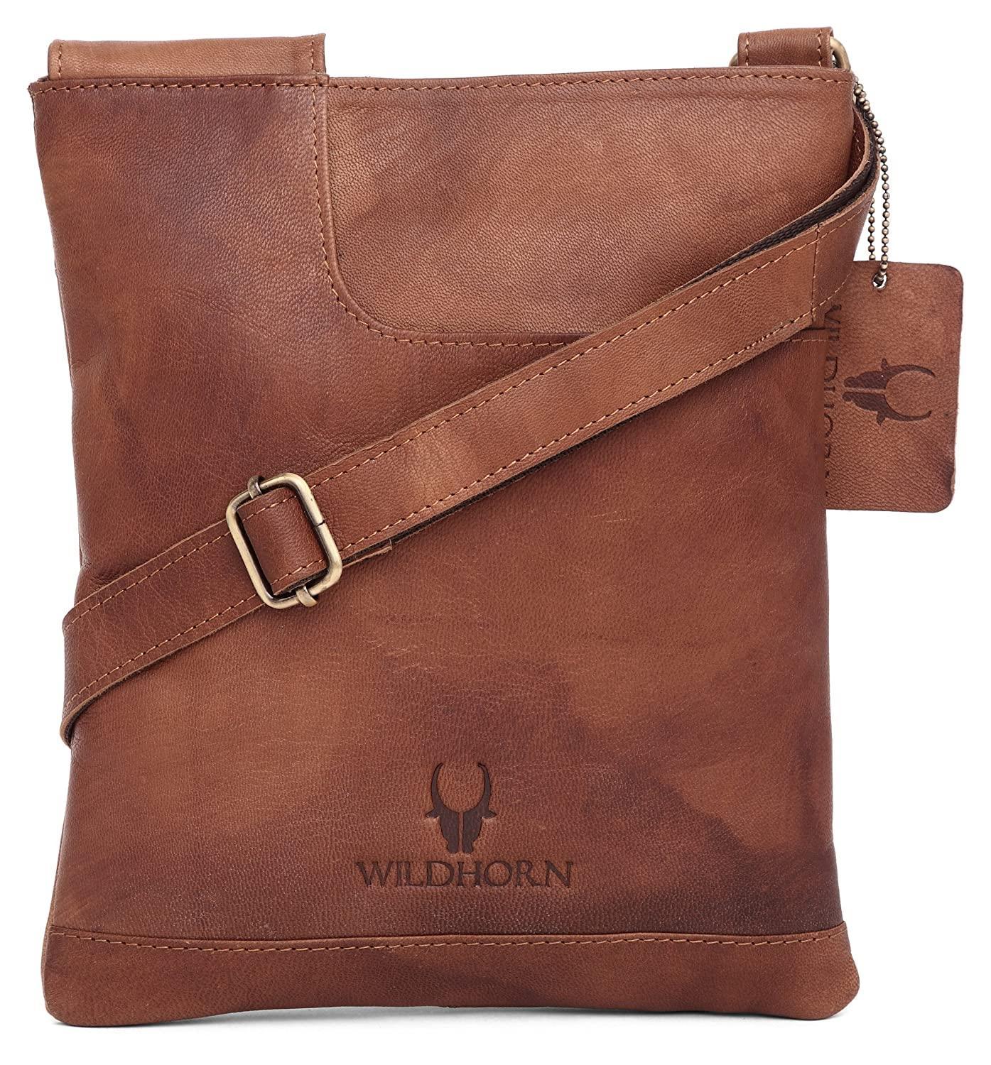 WILDHORN® Leather 8.5 inch Sling Messenger Bag for Men I Multipurpose Crossbody Bag I Travel Bag with Adjustable Strap I Utility Bag I DIMENSION : L-8.5 inch W-0.5 inch H-10.3 inch (Tan Nappa) - WILDHORN