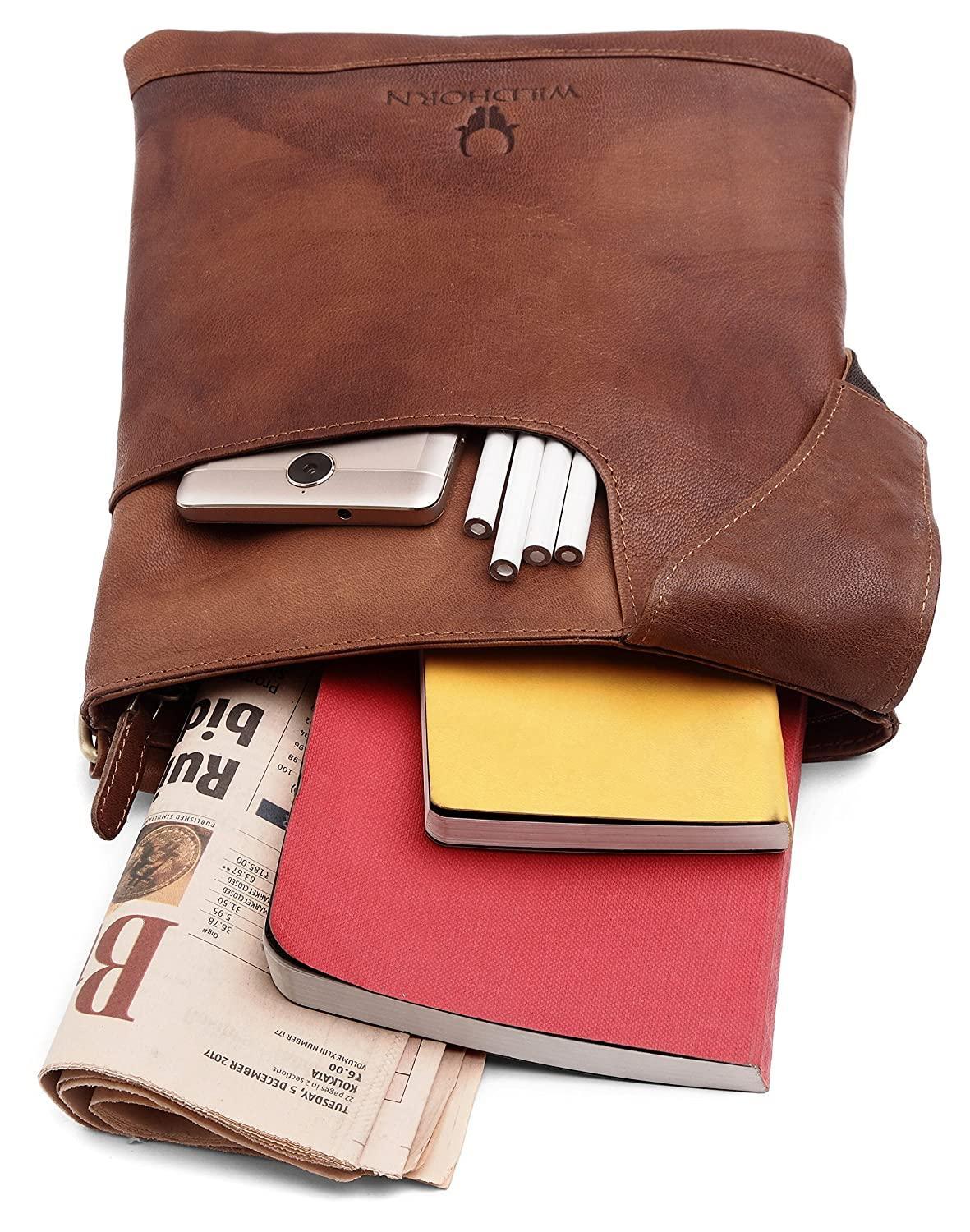 WILDHORN® Leather 8.5 inch Sling Messenger Bag for Men I Multipurpose Crossbody Bag I Travel Bag with Adjustable Strap I Utility Bag I DIMENSION : L-8.5 inch W-0.5 inch H-10.3 inch (Tan Nappa) - WILDHORN