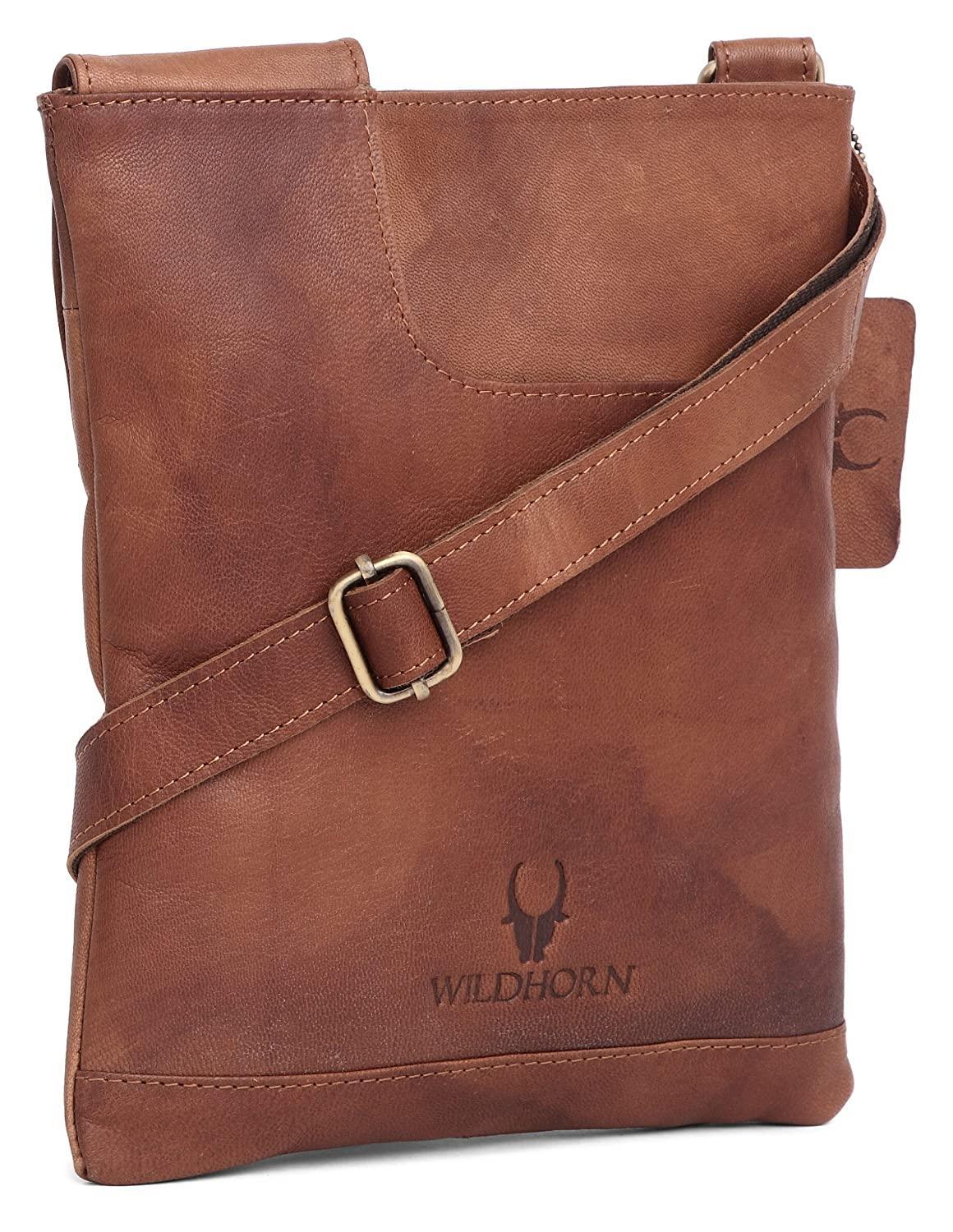 WILDHORN® Leather 8.5 inch Sling Messenger Bag for Men I Multipurpose Crossbody Bag I Travel Bag with Adjustable Strap I Utility Bag I DIMENSION : L-8.5 inch W-0.5 inch H-10.3 inch (Tan Nappa) - WILDHORN