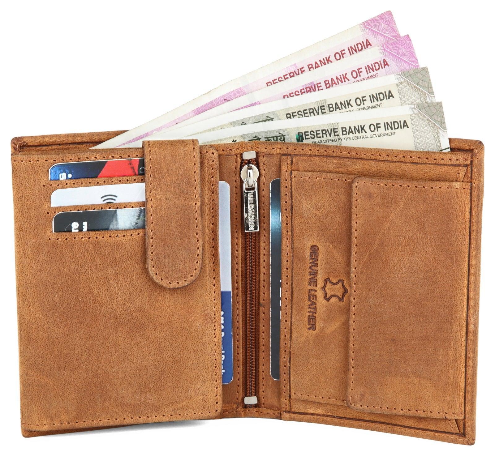 WILDHORN Top Grain Portrait Leather Wallet for Men | Ultra Strong Stitching | Handcrafted | RFID Blocking | 2 ID Slots | 11 Card Slots | Zip Compartment - WILDHORN