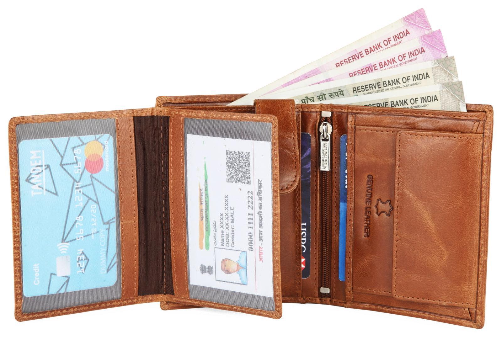 WILDHORN Top Grain Portrait Leather Wallet for Men | Ultra Strong Stitching | Handcrafted | RFID Blocking | 2 ID Slots | 11 Card Slots | Zip Compartment - WILDHORN