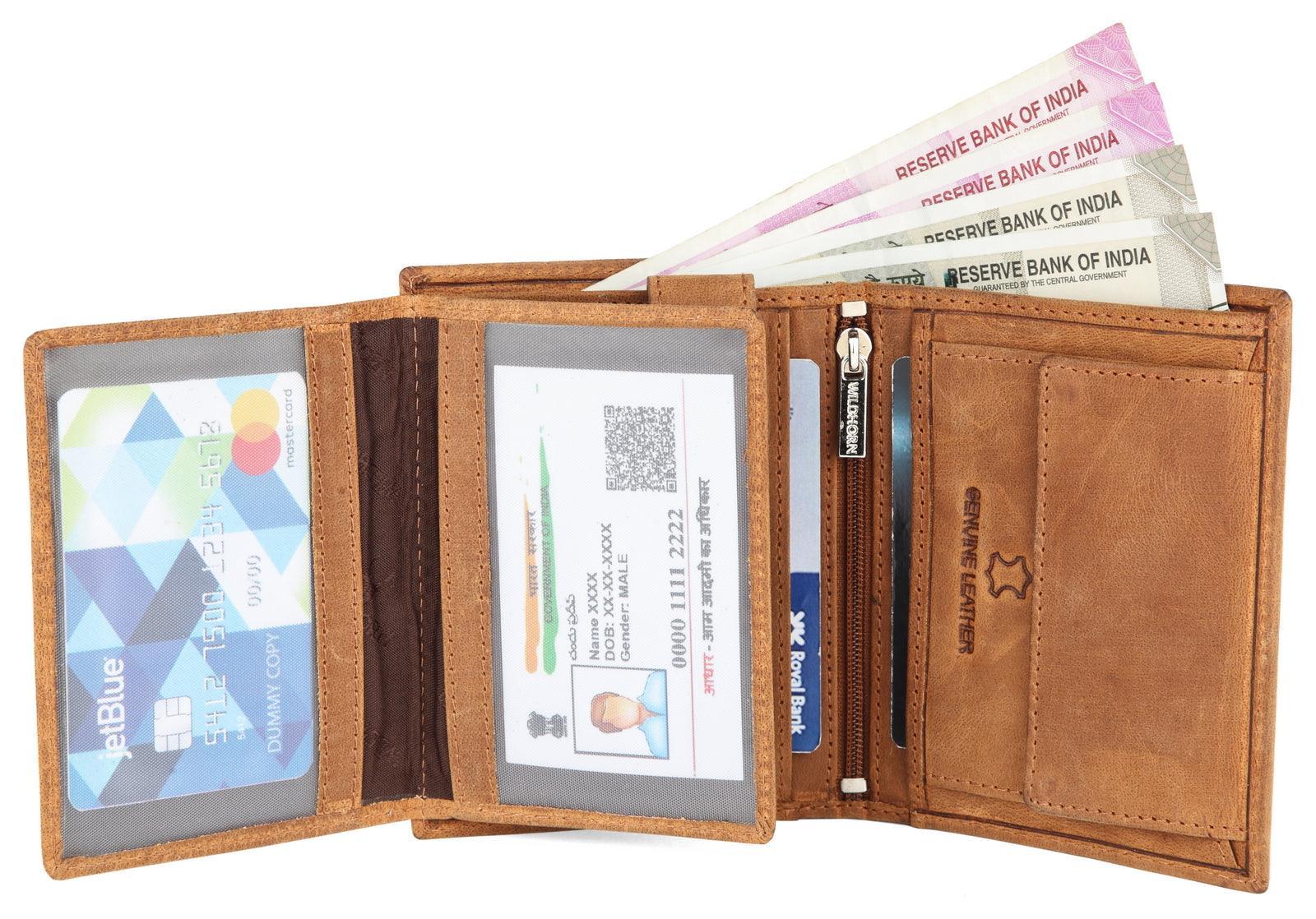 WILDHORN Top Grain Portrait Leather Wallet for Men | Ultra Strong Stitching | Handcrafted | RFID Blocking | 2 ID Slots | 11 Card Slots | Zip Compartment - WILDHORN