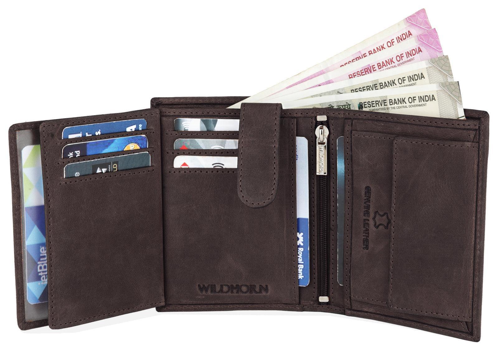 WILDHORN Top Grain Portrait Leather Wallet for Men | Ultra Strong Stitching | Handcrafted | RFID Blocking | 2 ID Slots | 11 Card Slots | Zip Compartment - WILDHORN