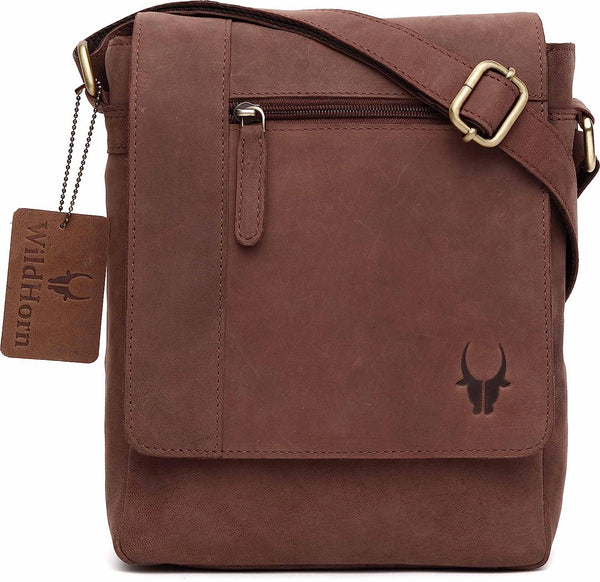WildHorn® Leather 8.5 inch Sling Messenger Bag for Men I Multipurpose Crossbody Bag I Travel Bag with Adjustable Strap I IDIMENSION: L- 8.5inch H- 10.5inch W- 3inch