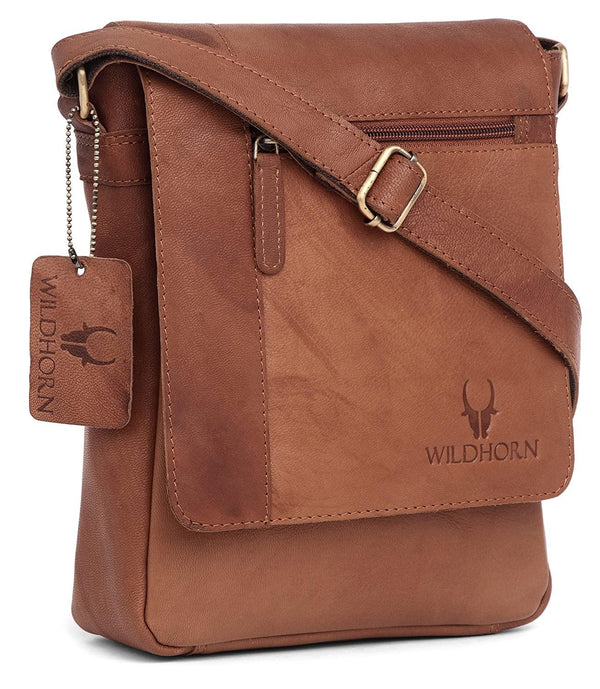 WildHorn® Leather 8.5 inch Sling Messenger Bag for Men I Multipurpose Crossbody Bag I Travel Bag with Adjustable Strap I IDIMENSION: L- 8.5inch H- 10.5inch W- 3inch