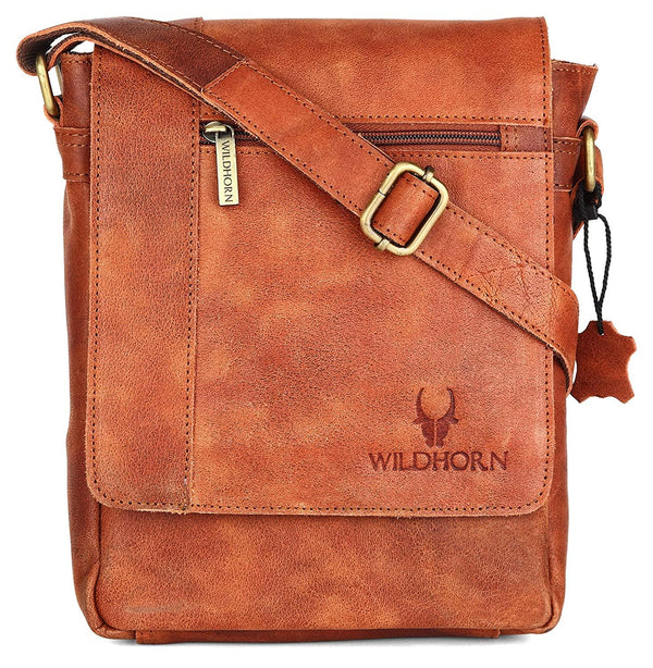 WildHorn® Leather 8.5 inch Sling Messenger Bag for Men I Multipurpose Crossbody Bag I Travel Bag with Adjustable Strap I IDIMENSION: L- 8.5inch H- 10.5inch W- 3inch