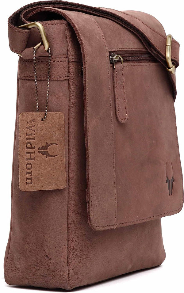WildHorn® Leather 8.5 inch Sling Messenger Bag for Men I Multipurpose Crossbody Bag I Travel Bag with Adjustable Strap I IDIMENSION: L- 8.5inch H- 10.5inch W- 3inch