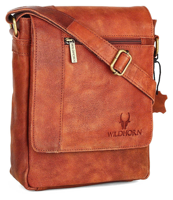 WildHorn® Leather 8.5 inch Sling Messenger Bag for Men I Multipurpose Crossbody Bag I Travel Bag with Adjustable Strap I IDIMENSION: L- 8.5inch H- 10.5inch W- 3inch