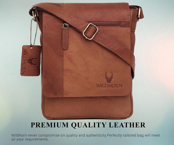 WildHorn® Leather 8.5 inch Sling Messenger Bag for Men I Multipurpose Crossbody Bag I Travel Bag with Adjustable Strap I IDIMENSION: L- 8.5inch H- 10.5inch W- 3inch