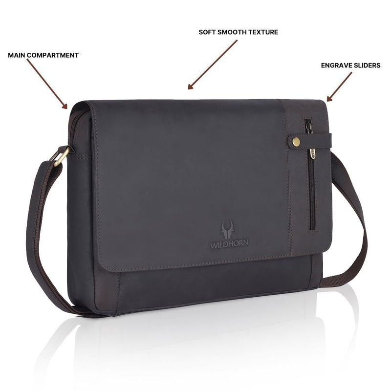 WildHorn Leather Laptop Bag for Men/Office Bag for Men | Fits Upto 15.6  Inch Laptop/MacBook | Laptop Messenger Bag/Leather Bag for Men I Dimension  : L-16 inch W-4 inch H-12 inch :