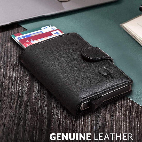 Black leather card holder for men on a wooden surface, text about genuine leather quality.