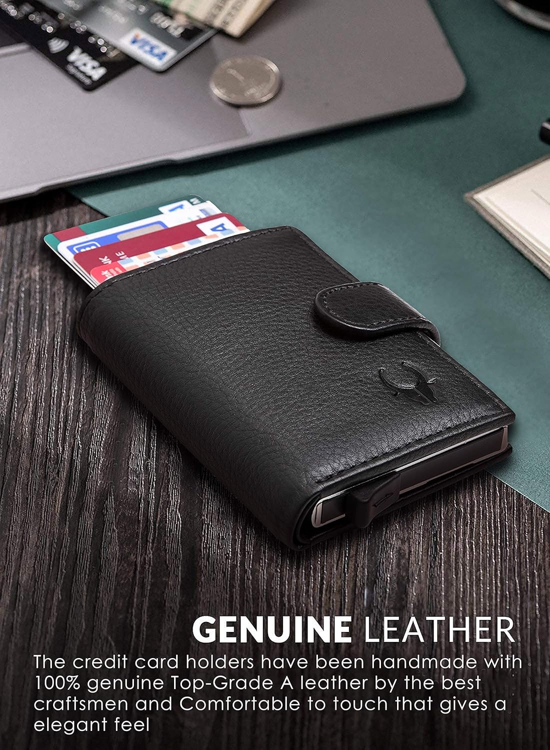 Black leather card holder for men on a wooden surface, text about genuine leather quality.