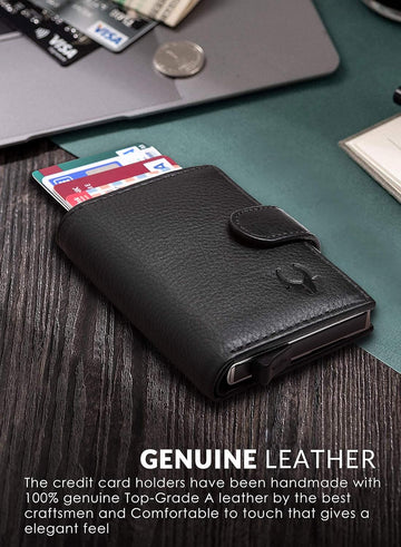 Black leather card holder for men on a wooden surface, text about genuine leather quality.