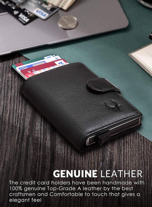Black leather card holder for men on a wooden surface, text about genuine leather quality.