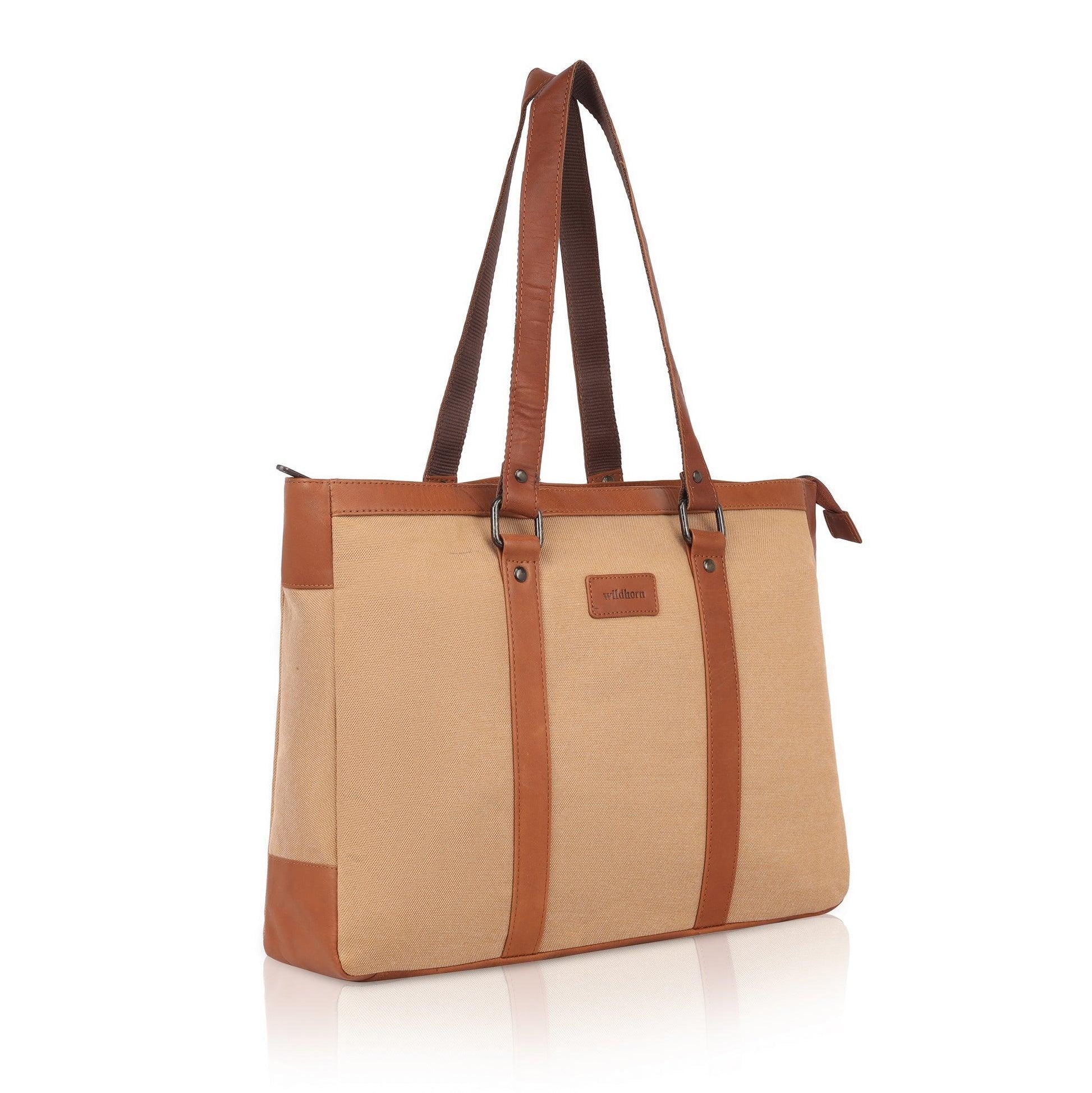 CAROLINA Solid Canvas Laptop Tote Bag for Women I 15.6 inch Canvas Shoulder Bag - WILDHORN