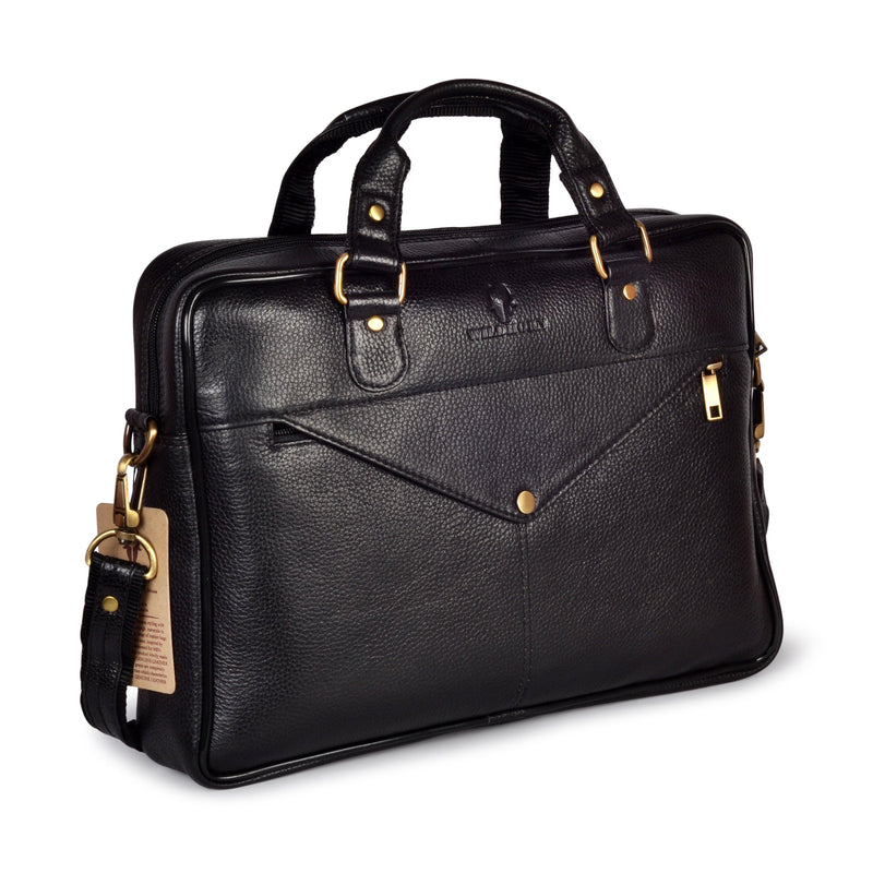 Wildhorn Genuine Leather Black 14 inch Laptop Bag for Men with Trolley Strap | Padded Laptop Compartment office leather bag(MB585 BLACK) - WILDHORN