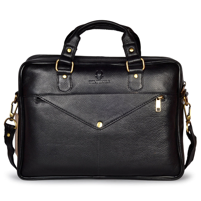 Wildhorn Genuine Leather Black 14 inch Laptop Bag for Men with Trolley Strap | Padded Laptop Compartment office leather bag(MB585 BLACK) - WILDHORN