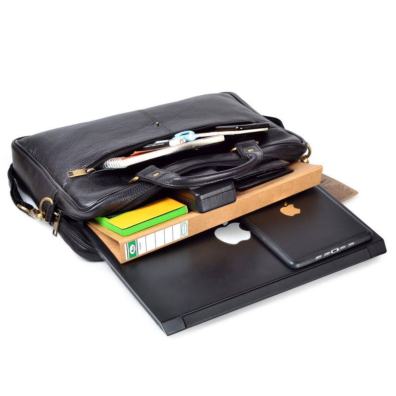 Wildhorn Genuine Leather Black 14 inch Laptop Bag for Men with Trolley Strap | Padded Laptop Compartment office leather bag(MB585 BLACK) - WILDHORN