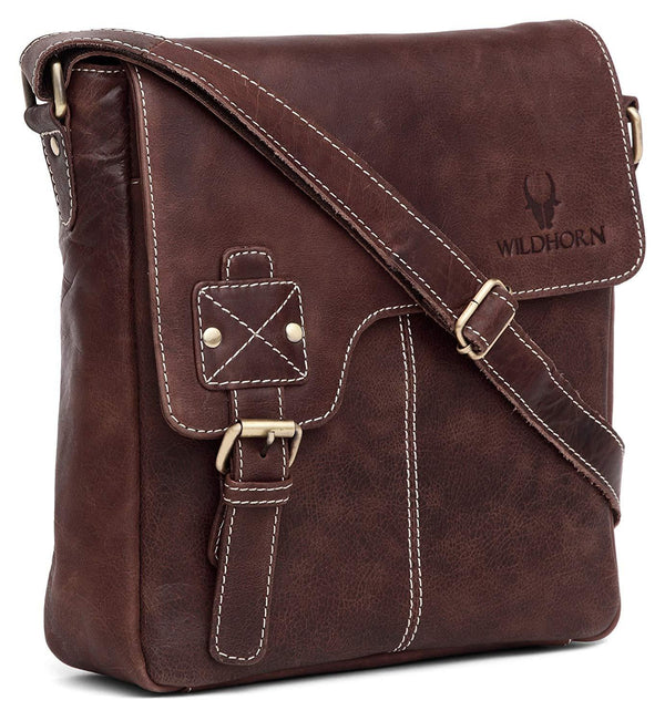 WildHorn Leather 25.4 cms Brown Messenger Bag (MB098 Brown Cackle) - WILDHORN