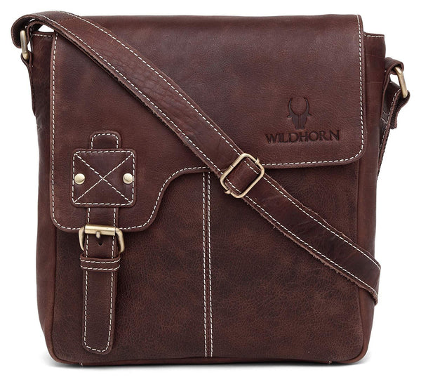 WildHorn Leather 25.4 cms Brown Messenger Bag (MB098 Brown Cackle) - WILDHORN