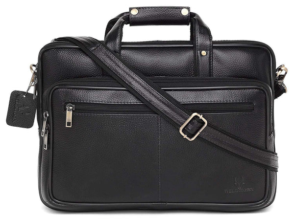 Wildhorn Genuine Leather Black 16 inch Briefcase Laptop Bag for Men with Padded Compartment | Leather Office Travel Bag with Laptop Compartment - WILDHORN
