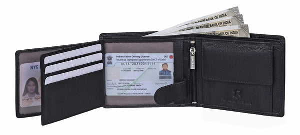 WildHorn Leather Wallet for Men I Top Grain Leather I RFID Protected I 11 Card Slots I 2 Transparent ID Windows I 1 Zipper Compartment (Black (White & Yellow Stripe))