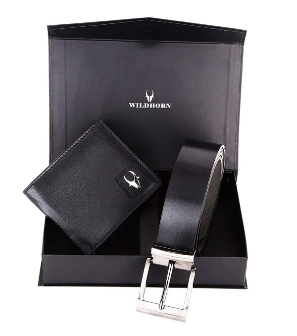 WildHorn® RFID Protected Genuine High Quality Black Leather Wallet & Belt Combo for Men - WILDHORN