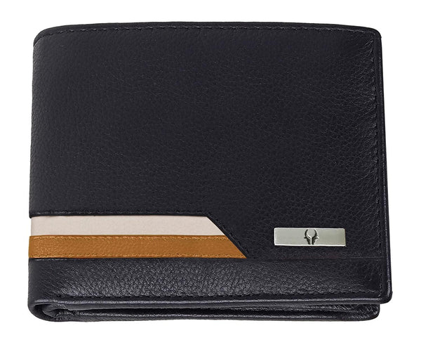 WildHorn Leather Wallet for Men I Top Grain Leather I RFID Protected I 11 Card Slots I 2 Transparent ID Windows I 1 Zipper Compartment (Black (White & Yellow Stripe))