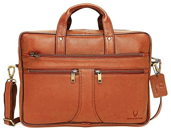 WILDHORN Genuine Leather Brown 15 inch Laptop Bag for Men | Padded Laptop Compartment office leather bag - WILDHORN