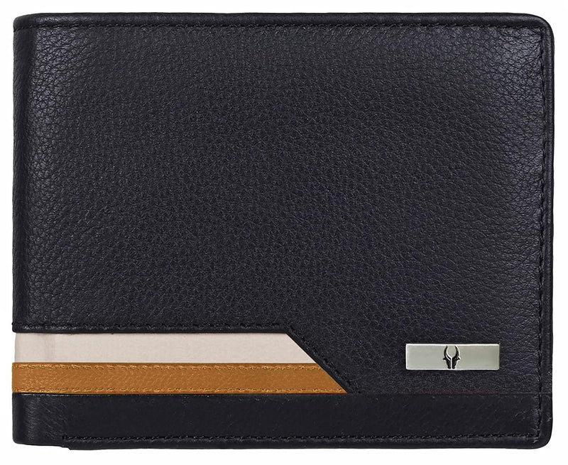 WildHorn Leather Wallet for Men I Top Grain Leather I RFID Protected I 11 Card Slots I 2 Transparent ID Windows I 1 Zipper Compartment (Black (White & Yellow Stripe)) - WILDHORN
