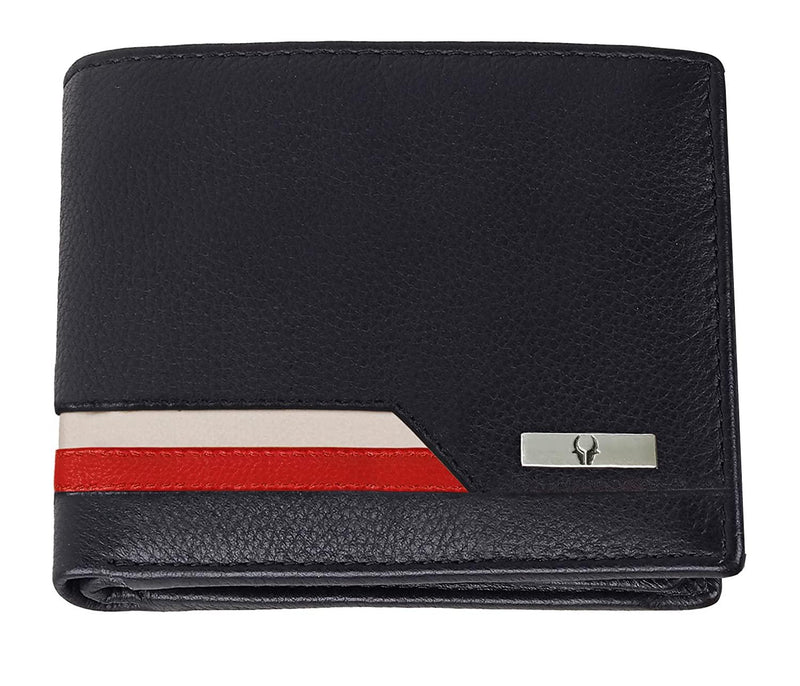 WildHorn Leather Wallet for Men I Top Grain Leather I RFID Protected I 11 Card Slots I 2 Transparent ID Windows I 1 Zipper Compartment (Black (White & Yellow Stripe)) - WILDHORN