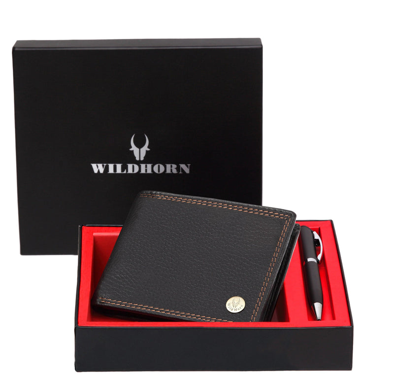 WildHorn® RFID Protected Genuine High Quality Leather Wallet & Pen Combo for Men - WILDHORN