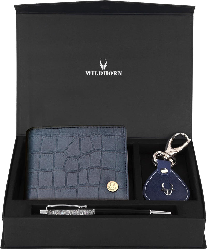 WildHorn® RFID Protected Genuine High Quality Leather Wallet Keychain & Pen Combo for Men