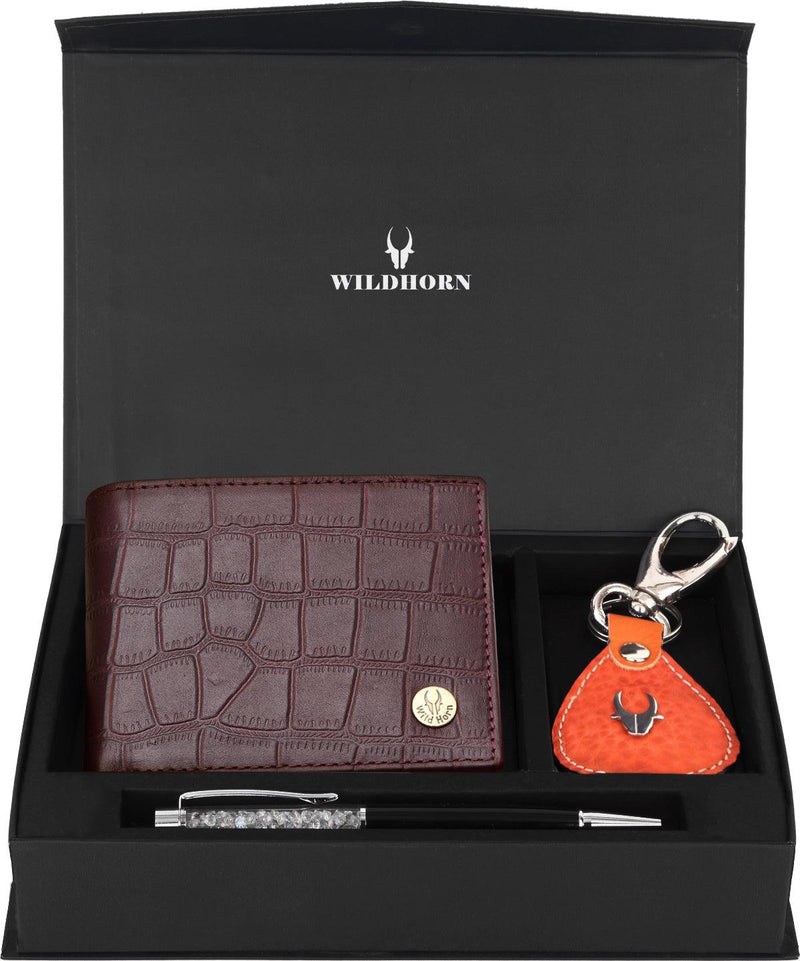 WildHorn® RFID Protected Genuine High Quality Leather Wallet Keychain & Pen Combo for Men
