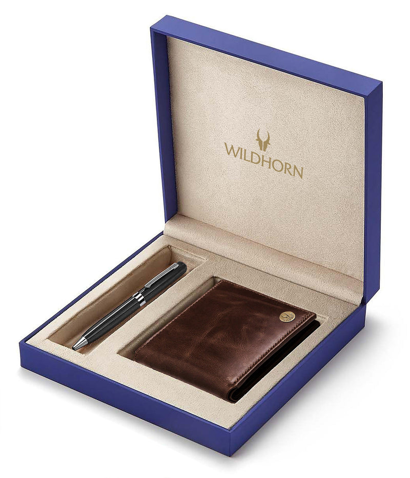 WILDHORN® RFID Protected Genuine High Quality Classic Leather Wallet & Pen Combo for Men