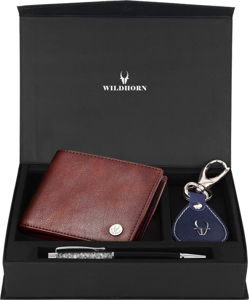 WildHorn® RFID Protected Genuine High Quality Leather Wallet Keychain & Pen Combo for Men