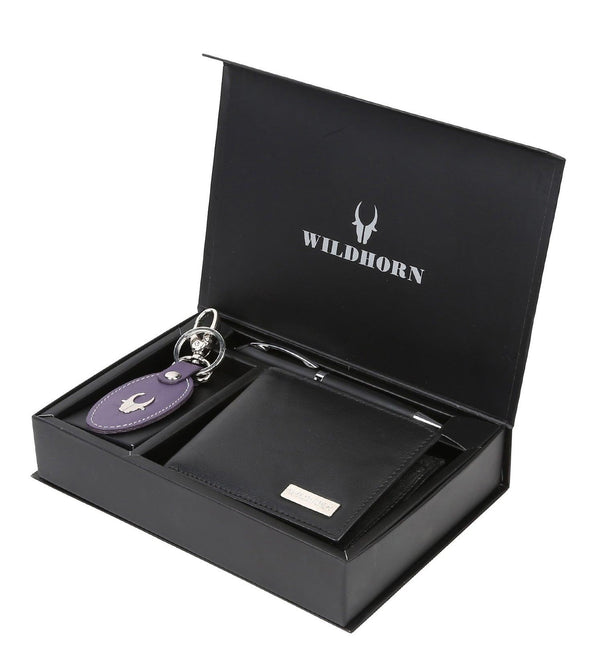 WildHorn® RFID Protected Genuine High Quality Black Leather Wallet,Keychain & Pen Combo for Men - WILDHORN