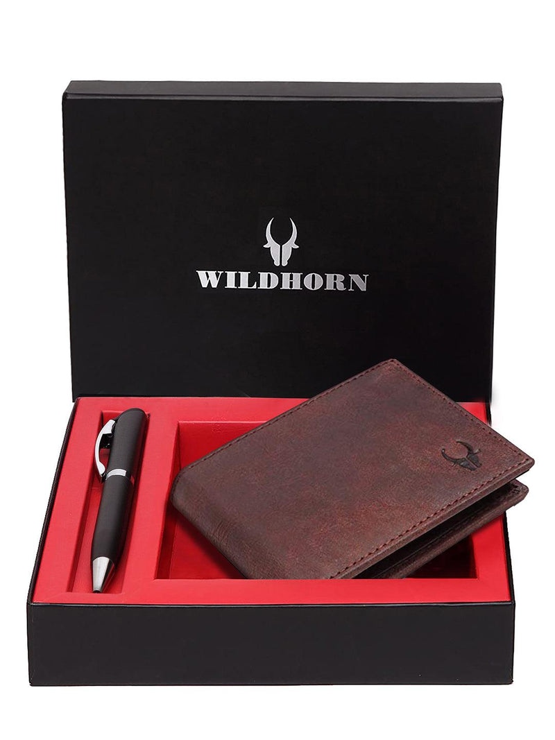 WILDHORN® RFID Protected Genuine High Quality Classic Leather Wallet & Pen Combo for Men - WILDHORN