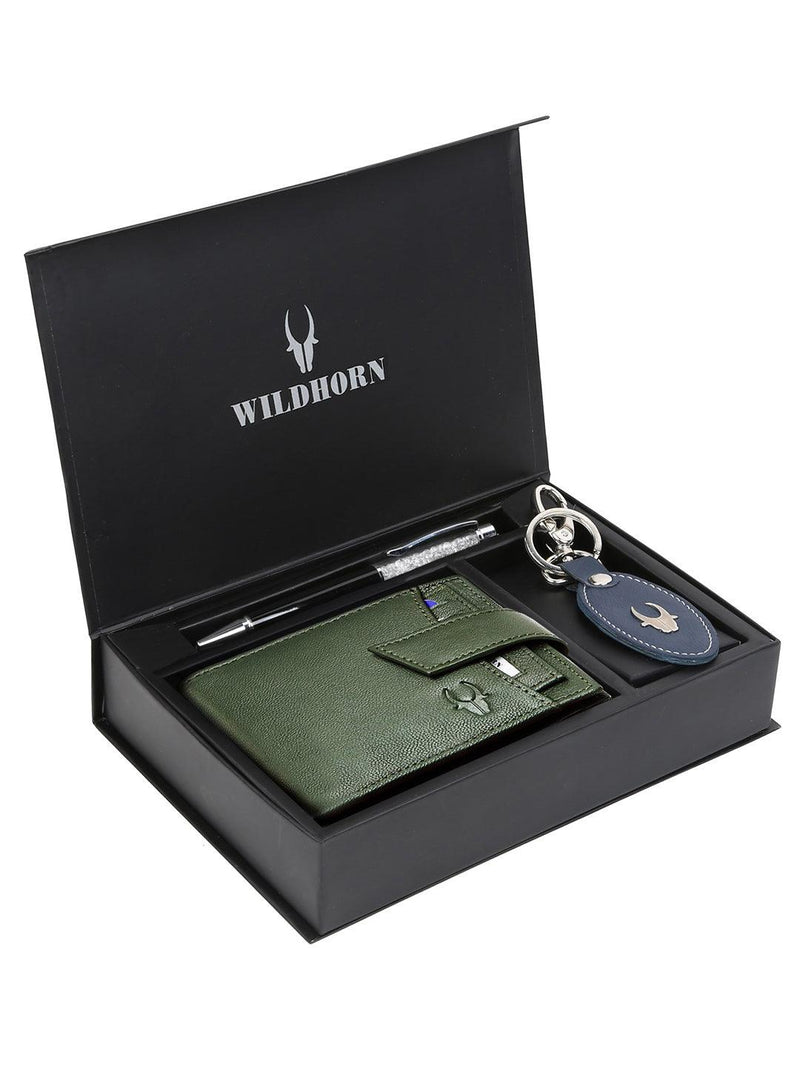 WILDHORN® RFID Protected Genuine High Quality  Leather Wallet, Keychain & Pen Combo for Men
