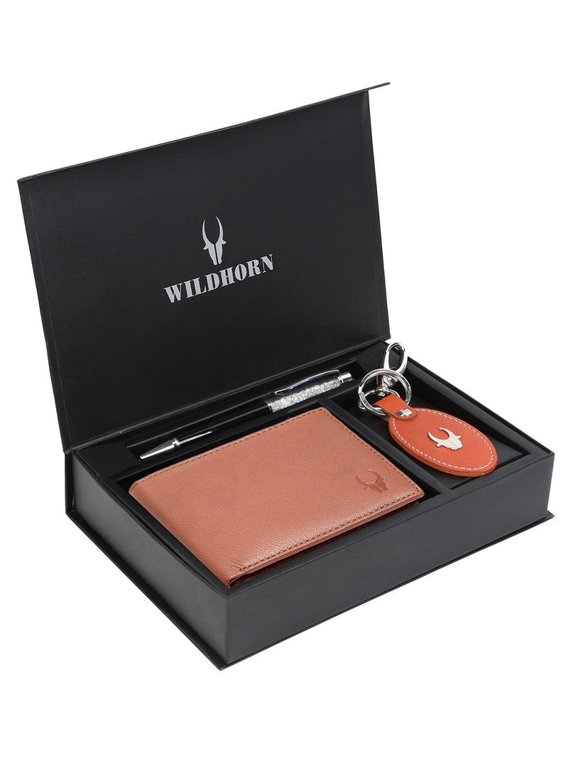 WILDHORN® RFID Protected Genuine High Quality  Leather Wallet, Keychain & Pen Combo for Men