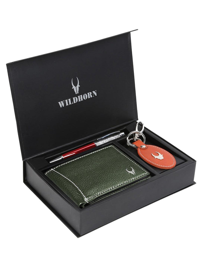 WILDHORN® RFID Protected Genuine High Quality  Leather Wallet, Keychain & Pen Combo for Men