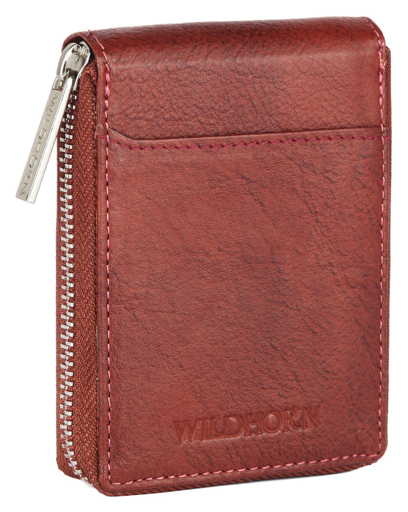 WILDHORN Leather 9 Slot Vertical Credit Debit Card Holder for Men & Women I Zipper Money Wallet I Coin Purse I External ID Slot I Cash Compartment - WILDHORN