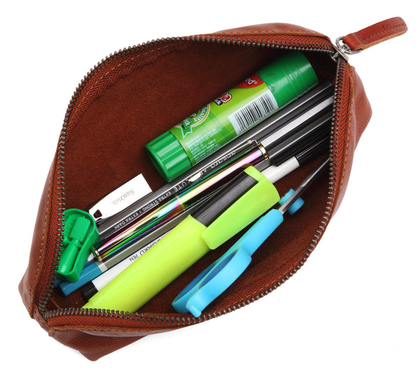 WILDHORN® Leather Stationery Stylish Simple Pencil Bag Durable Compact Zipper Pencil Utility Case Pouch