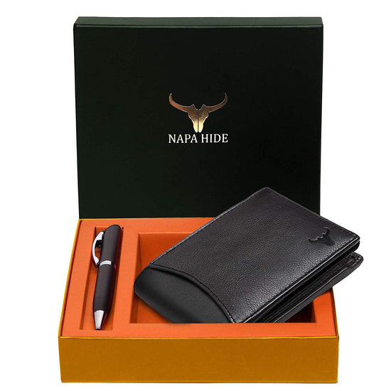 Napa Hide RFID Protected Genuine High Quality Leather Wallet & Pen Combo for Men (Black) - WILDHORN