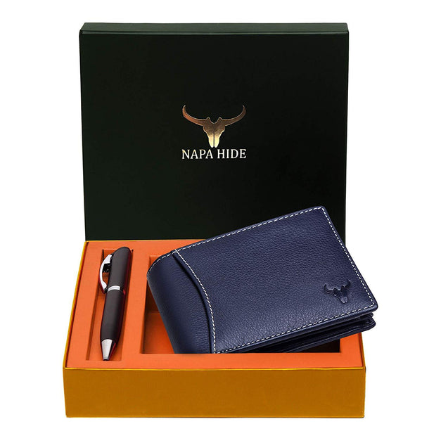 Napa Hide RFID Protected Genuine High Quality Leather Wallet & Pen Combo for Men (NAVY BLUE) - WILDHORN