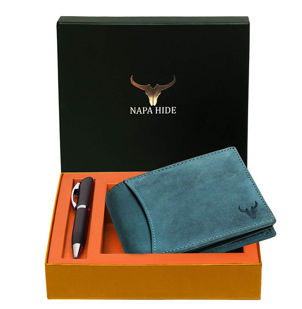Napa Hide RFID Protected Genuine High Quality Leather Wallet & Pen Combo for Men (BLUE HUNTER) - WILDHORN