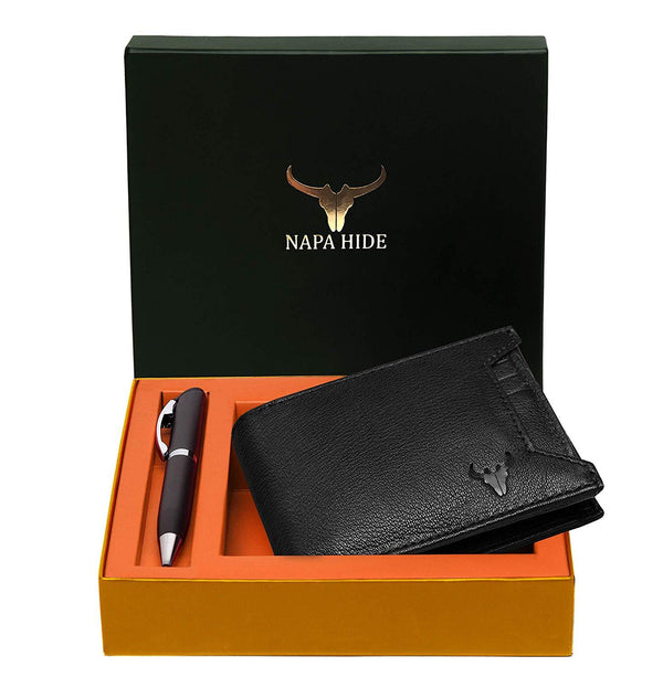 Napa Hide RFID Protected Genuine High Quality Leather Wallet & Pen Combo for Men (black) - WILDHORN