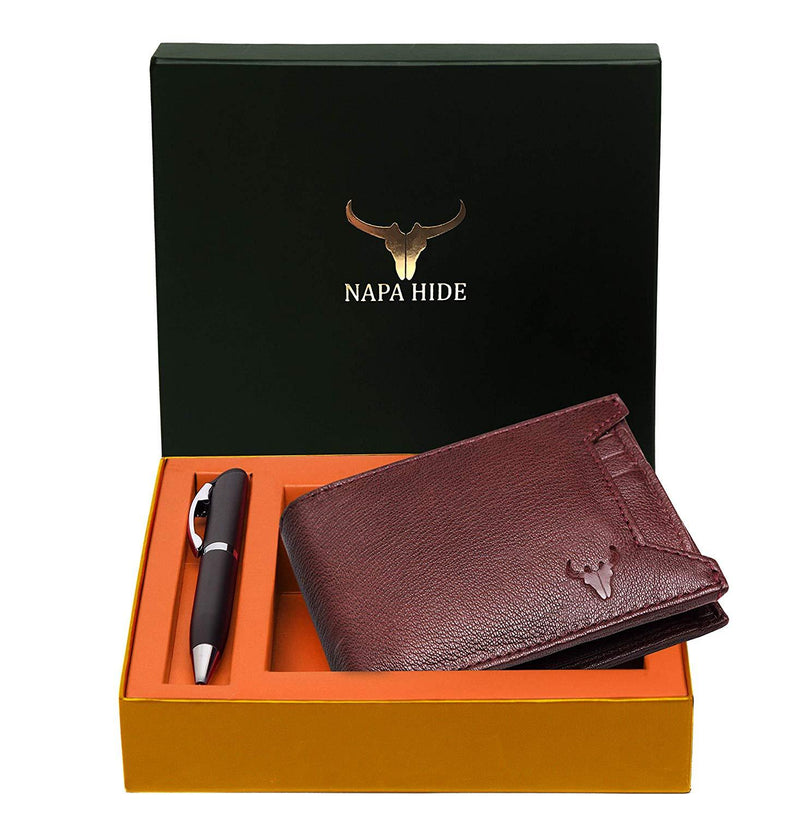 Napa Hide RFID Protected Genuine High Quality Leather Wallet & Pen Combo for Men (MAROON NAPA) - WILDHORN